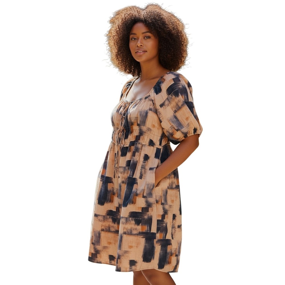 Universal Thread XXL Navy Tan Abstract Brushstroke Cotton Puff Sleeve Midi Dress